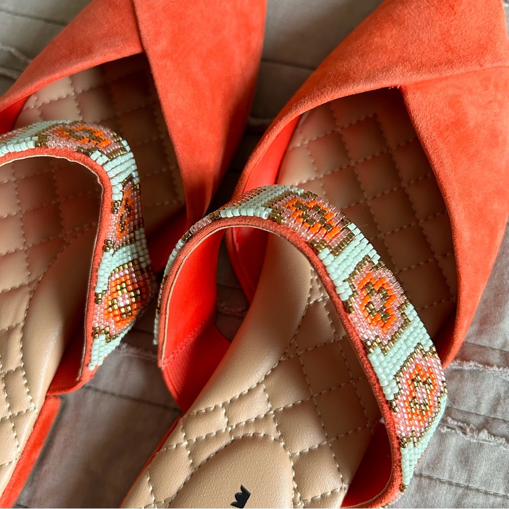 Birdies Orange Suede Flats with Beaded Mint Strap